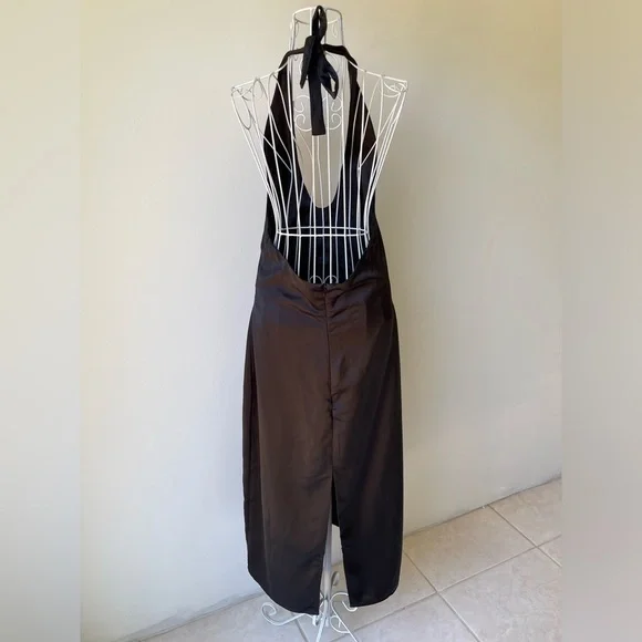 Jason Wu Satin Deep U Neck Halter Midi Dress back slit zip black size M - Picture 6 of 11